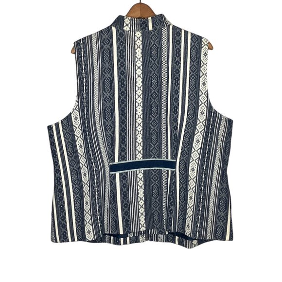 CJ Banks 1X Blue Denim Jean Striped Mixed Media Artsy Fringe Zip Front Vest Plus - Picture 2 of 4